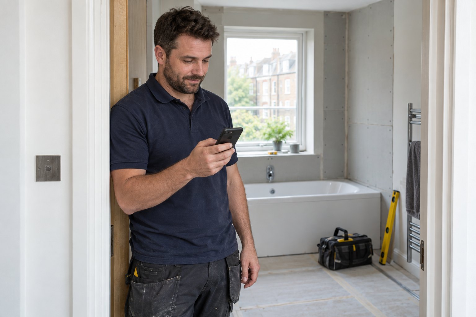 Bathroom fitter looking at a mobile phone beside a room being refitted