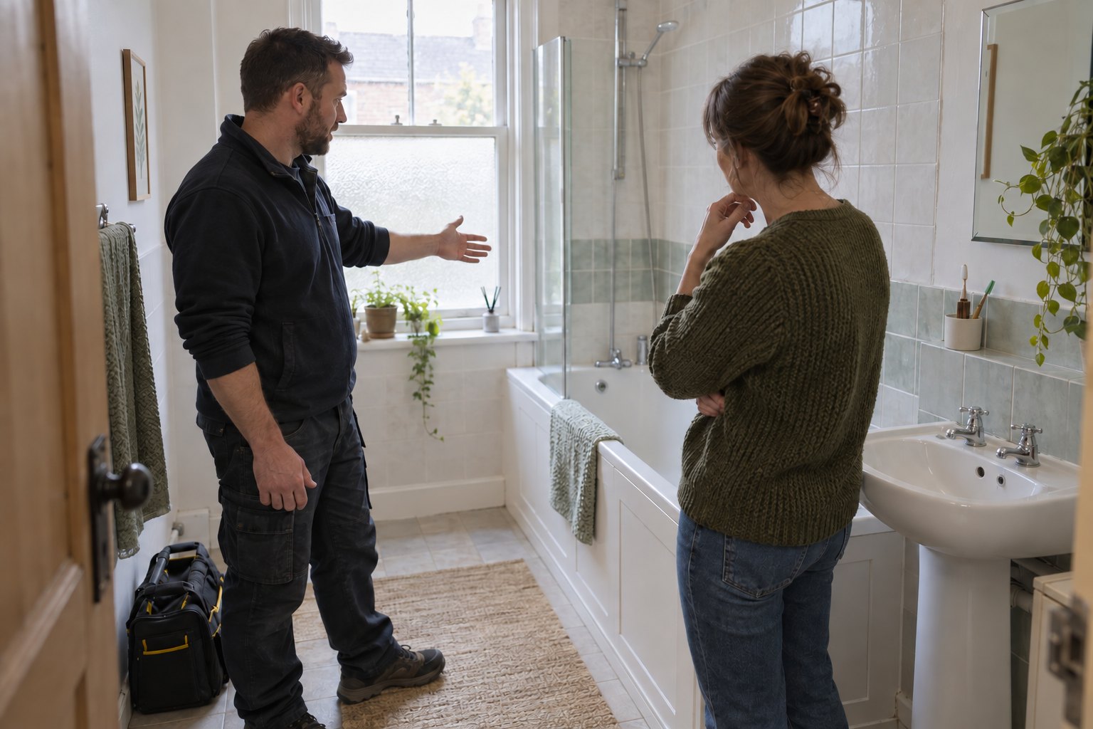 Bathroom fitter discussing an existing bathroom with a homeowner beside the bath