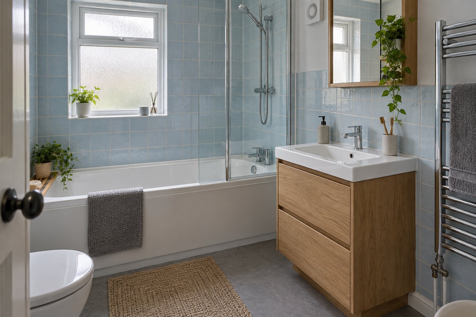 Retained blue bathroom tiles and bath with an updated vanity, glass screen and towel rail