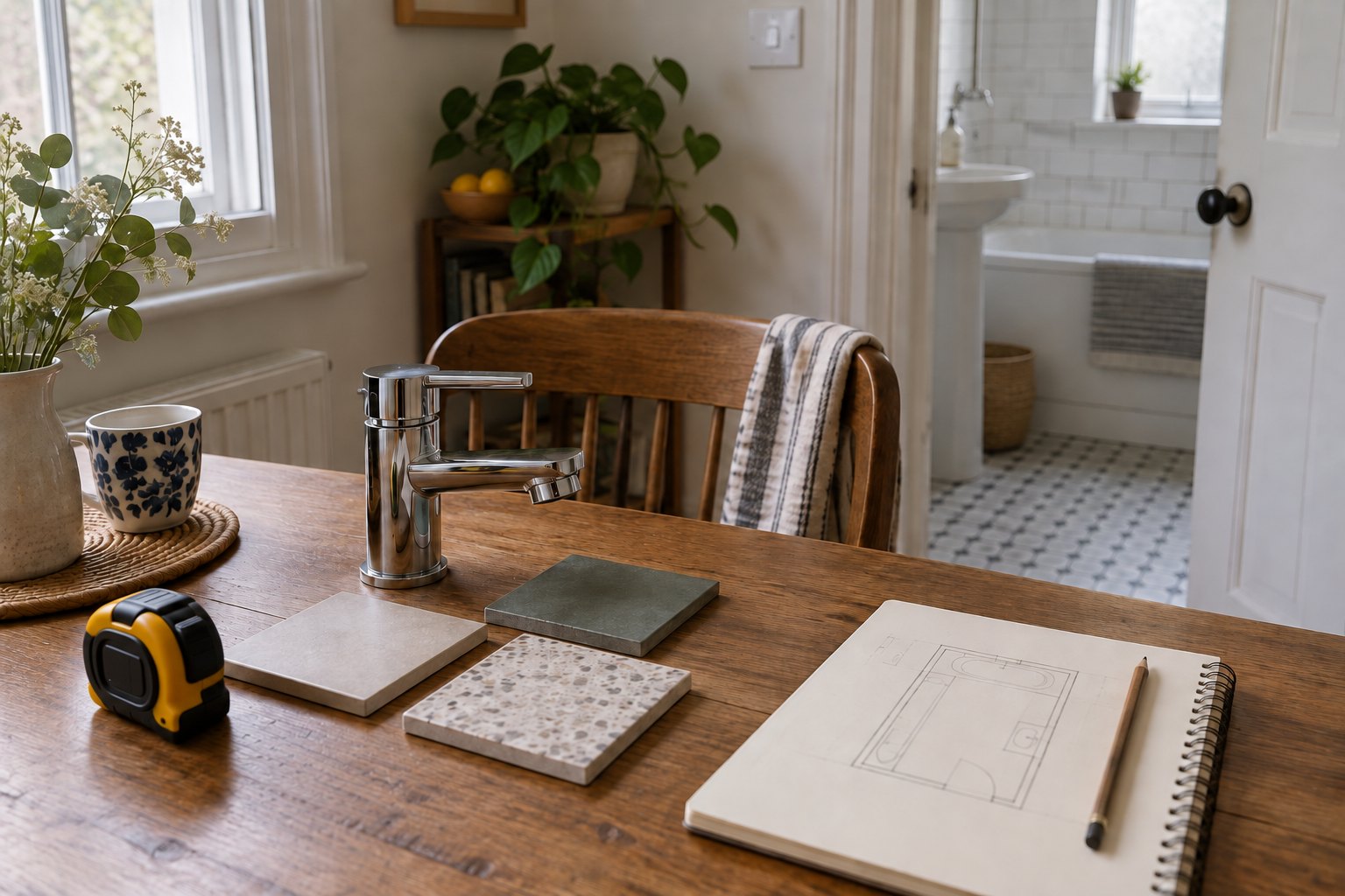 Tile samples, a basin mixer and tape measure beside a bathroom sketch on a kitchen table