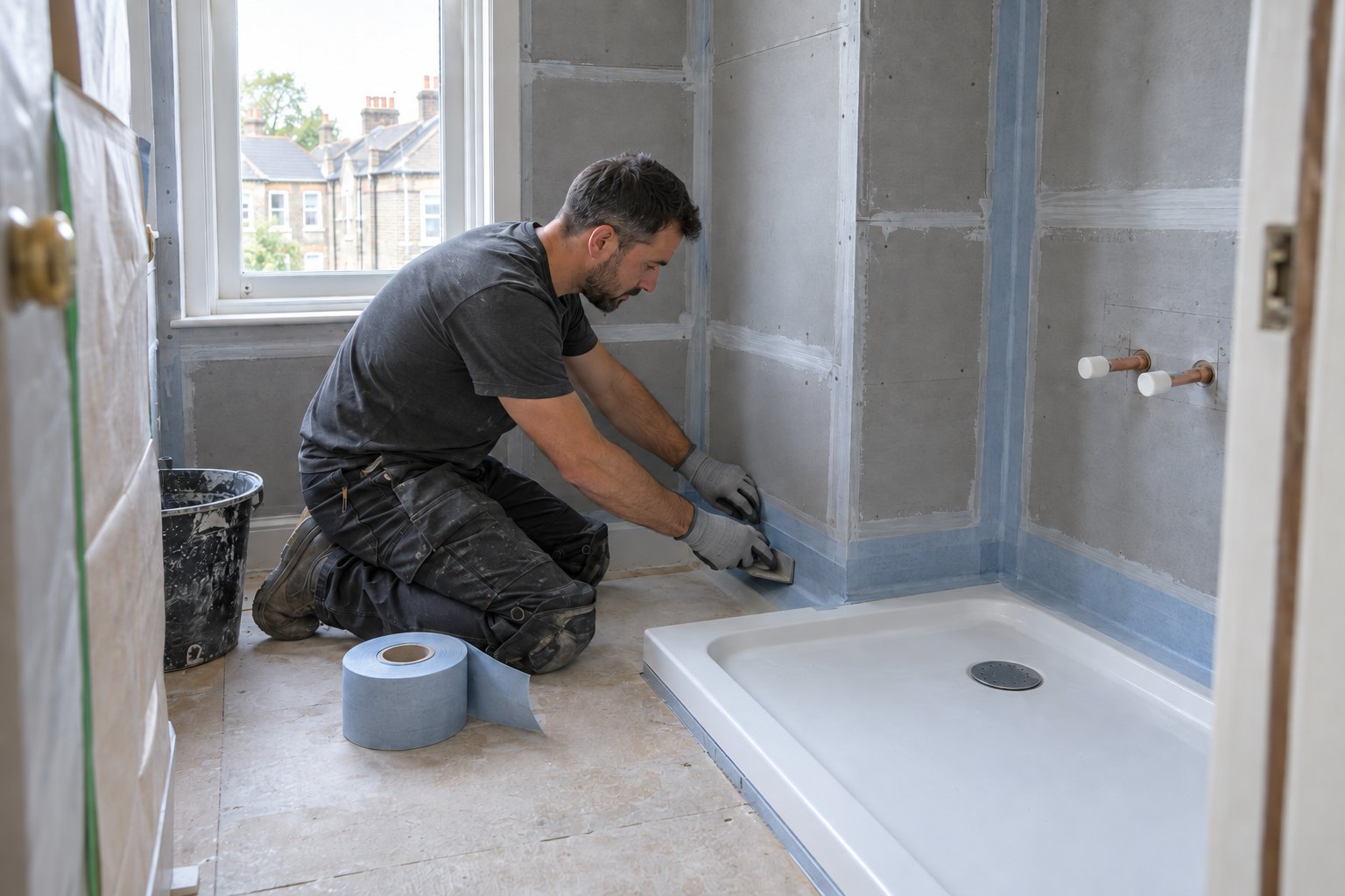 Fitter sealing waterproof corner tape beside a shower tray in a stripped and boarded bathroom