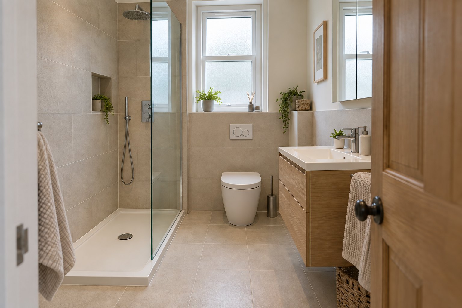 Compact bathroom arranged around a walk-in shower, slim vanity and clear central passage