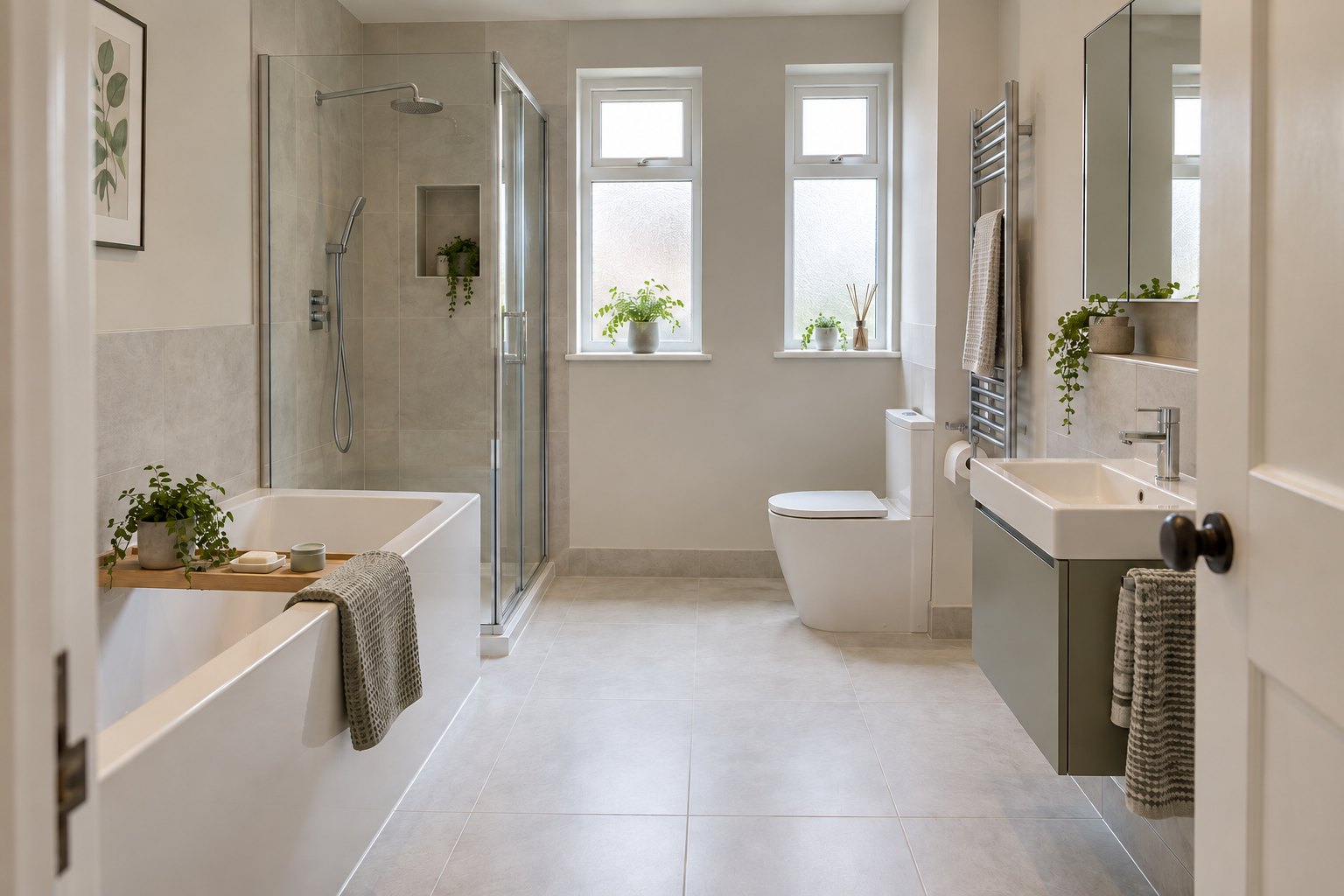 Enlarged bathroom with a bath, separate shower and two windows from the former separate rooms