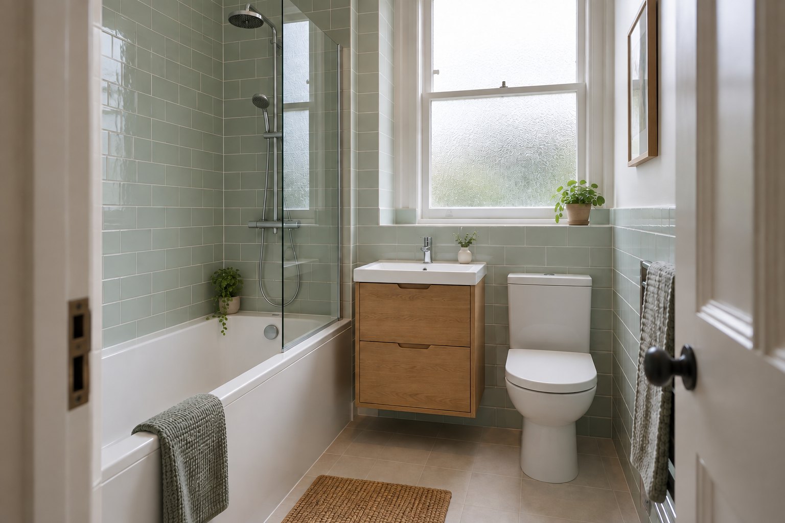 Compact bathroom with a shower over the bath, oak vanity and pale green wall tiles