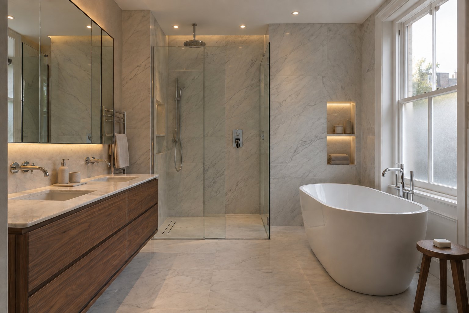 Marble bathroom with a walnut double vanity, concealed shower controls and a freestanding bath