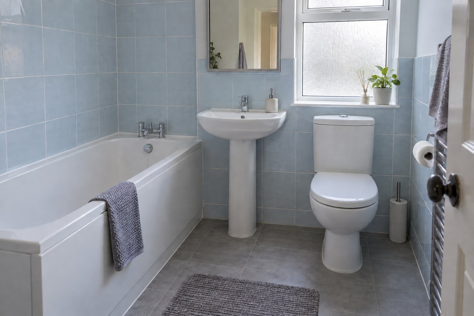 New white bath, pedestal basin and WC fitted in a compact bathroom with pale blue tiles